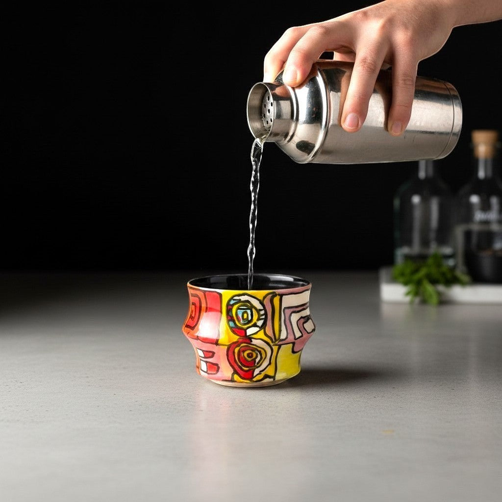 CeramicMeltdown.com hand-painted ceramic cup with abstract red, yellow, and white design. Unique art piece for drinks.