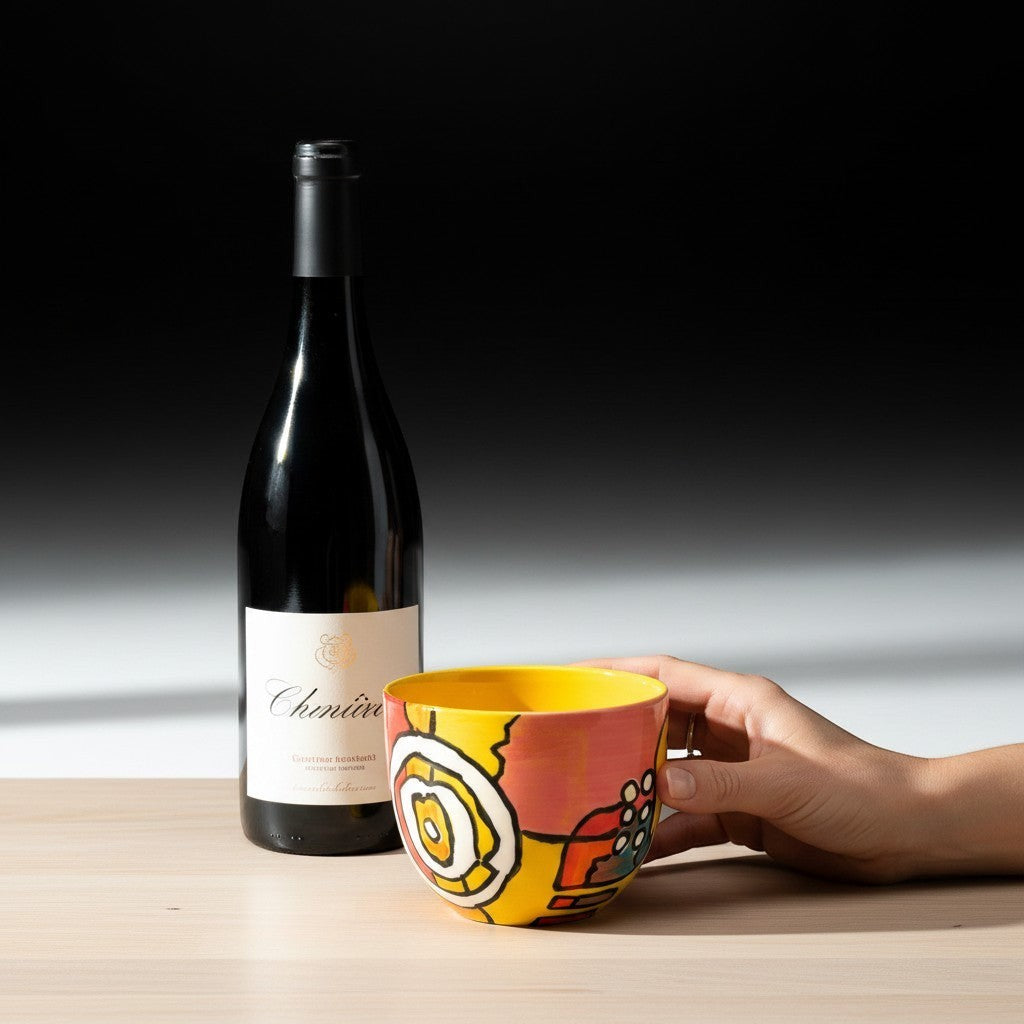CeramicMeltdown.com abstract art wine cup in yellow, red, and black with a hand holding it next to a wine bottle.