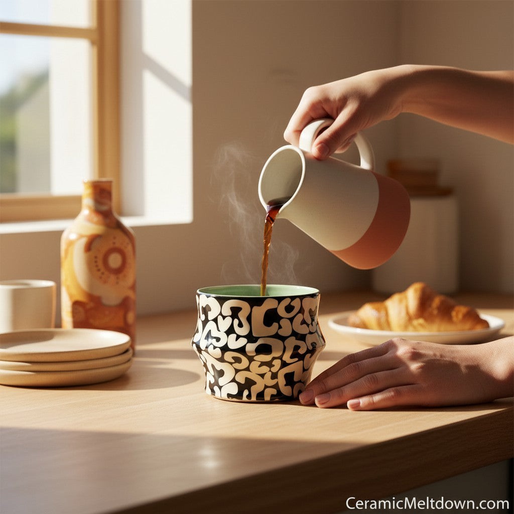 CeramicMeltdown.com abstract black and white pattern coffee cup with mint green interior.