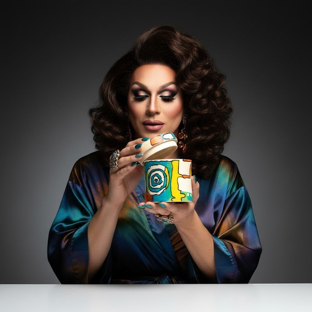 CeramicMeltdown.com hand-painted lidded jar with abstract blue, yellow, and white design. Teal accents on lid.