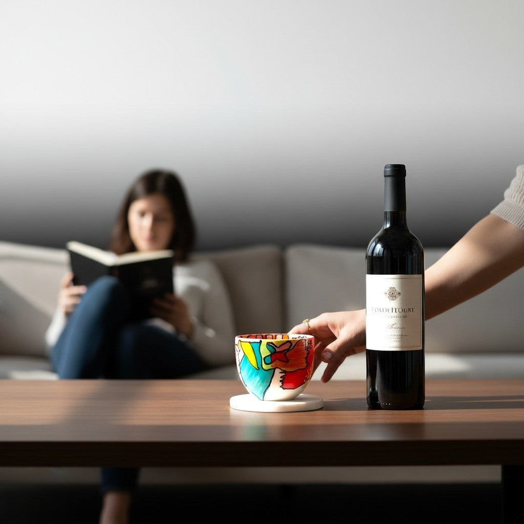 CeramicMeltdown.com abstract art wine cup with red, blue, yellow, and green colors. A bottle of red wine sits beside it.