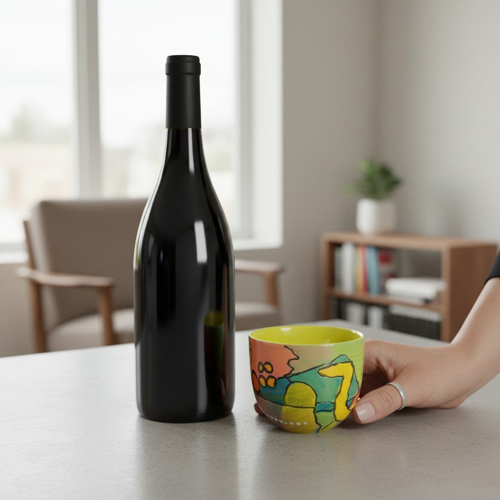 CeramicMeltdown.com abstract art wine cup with yellow interior and colorful painted exterior.