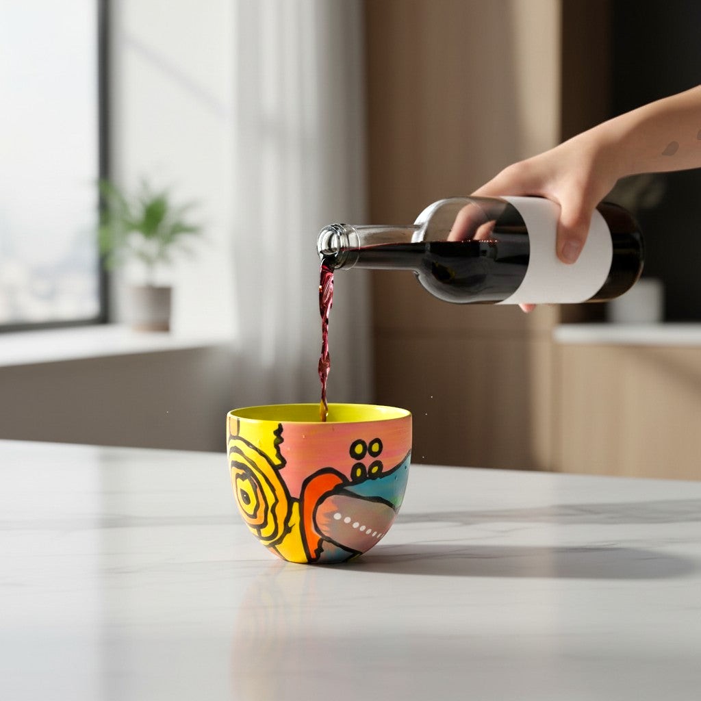 CeramicMeltdown.com wine cup with abstract yellow, orange, pink, and blue painted design. Features a bright yellow interior.