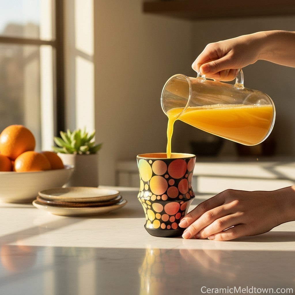 CeramicMeltdown.com gradient polka dot ceramic tumbler being filled with orange juice. Features a bamboo-like texture.