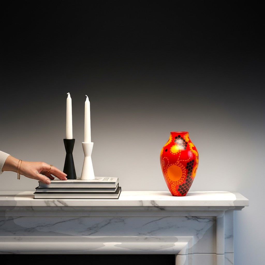 CeramicMeltdown.com Solar Flare 2 vase in red with orange circles and black dot patterns.