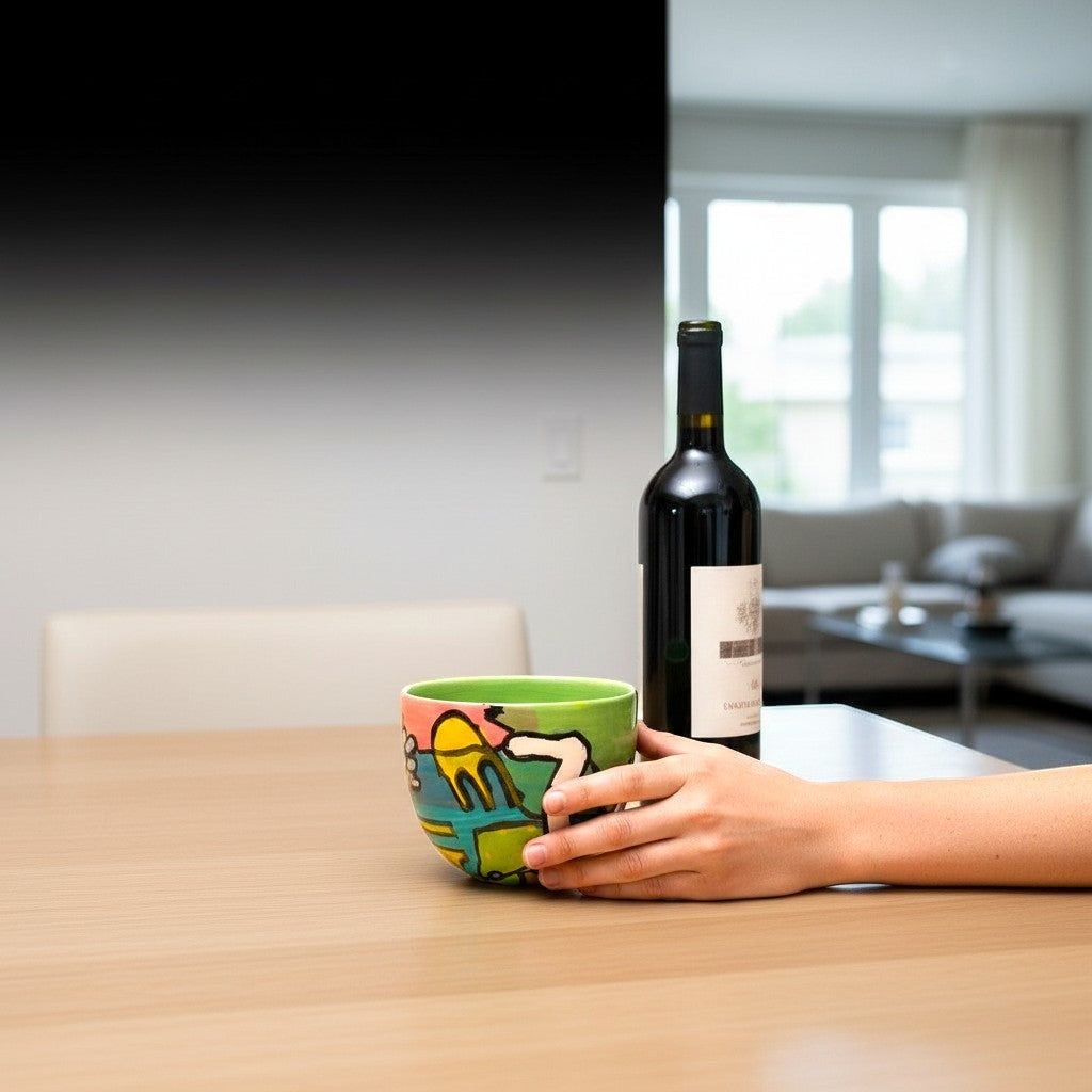 CeramicMeltdown.com abstract art wine cup in green with colorful design, held by hand next to wine bottle.
