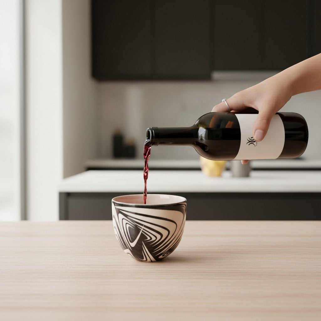 CeramicMeltdown.com wine cup with black, white, and pink wave pattern, being filled with red wine.