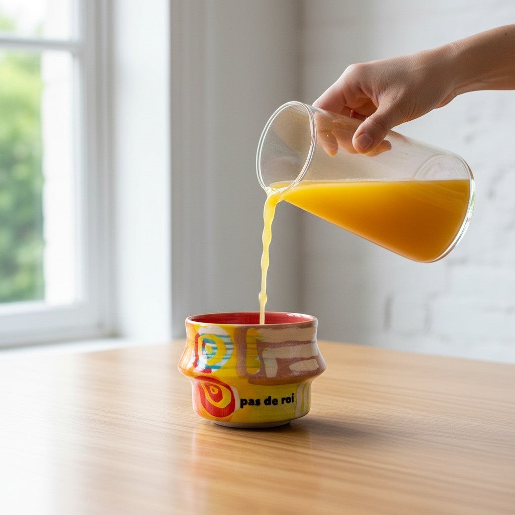 CeramicMeltdown.com Freedom Cup, a vibrant yellow ceramic mug with abstract colorful swirls and stripes, featuring the text "pas de roi".