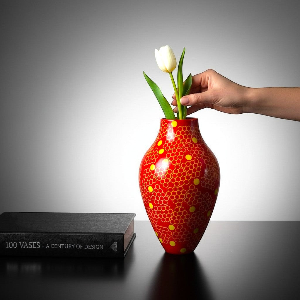 CeramicMeltdown.com red vase with yellow honeycomb pattern, holding a white tulip.