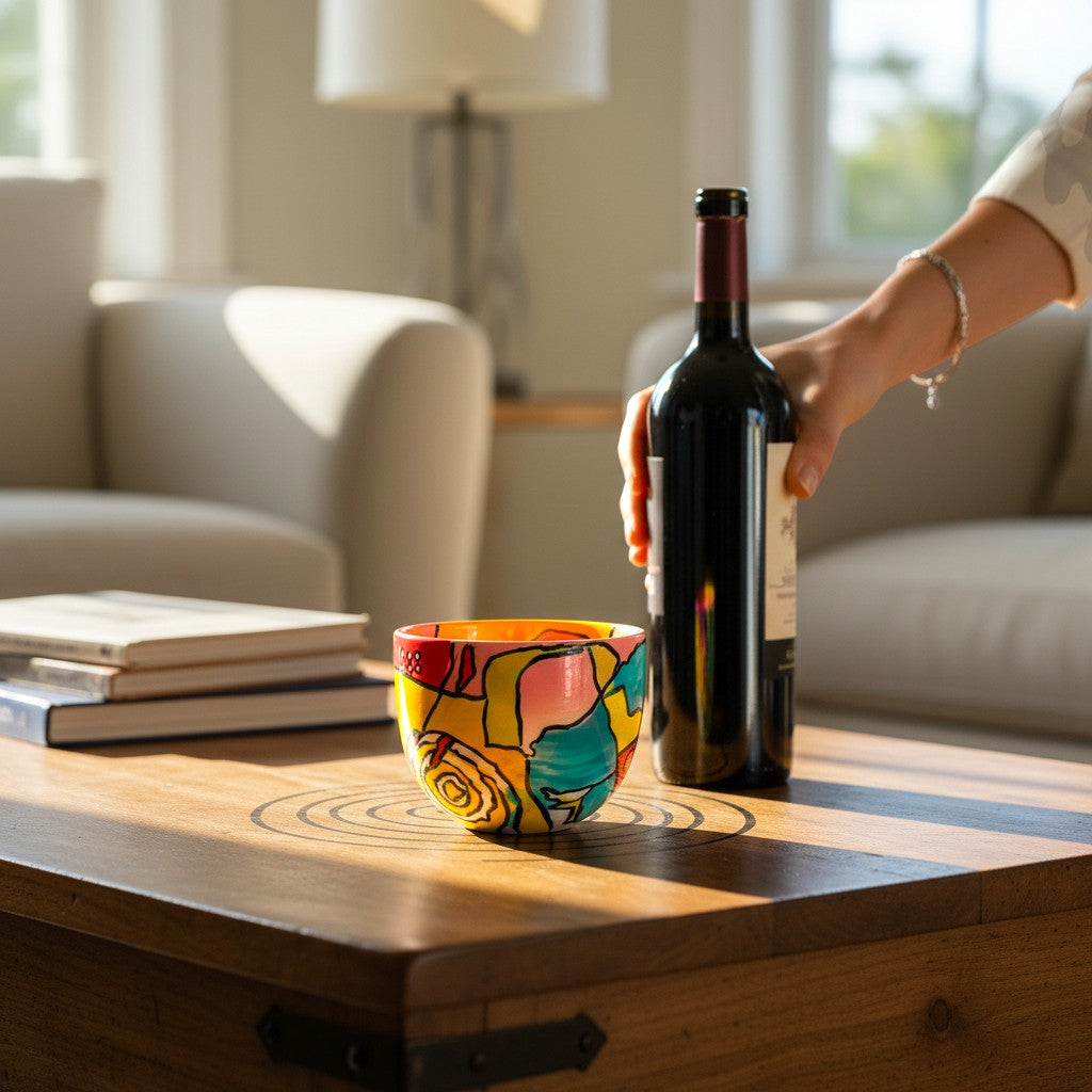 CeramicMeltdown.com colourful abstract art ceramic wine cup with yellow, pink, red, and turquoise patterns.