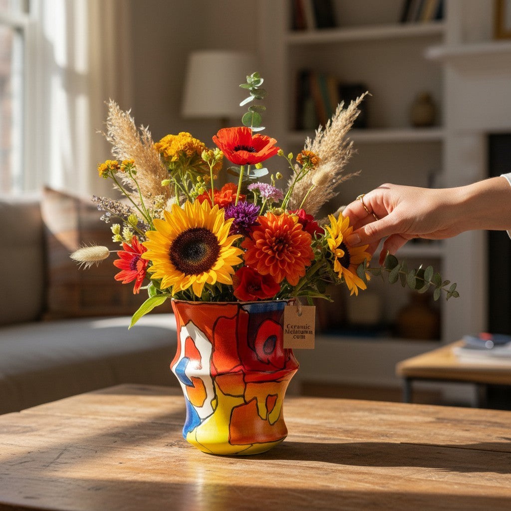 CeramicMeltdown.com hand-painted ceramic vase with a vibrant abstract design in red, yellow, blue, and orange, holding a bouquet of sunflowers, poppies, and pampas grass.