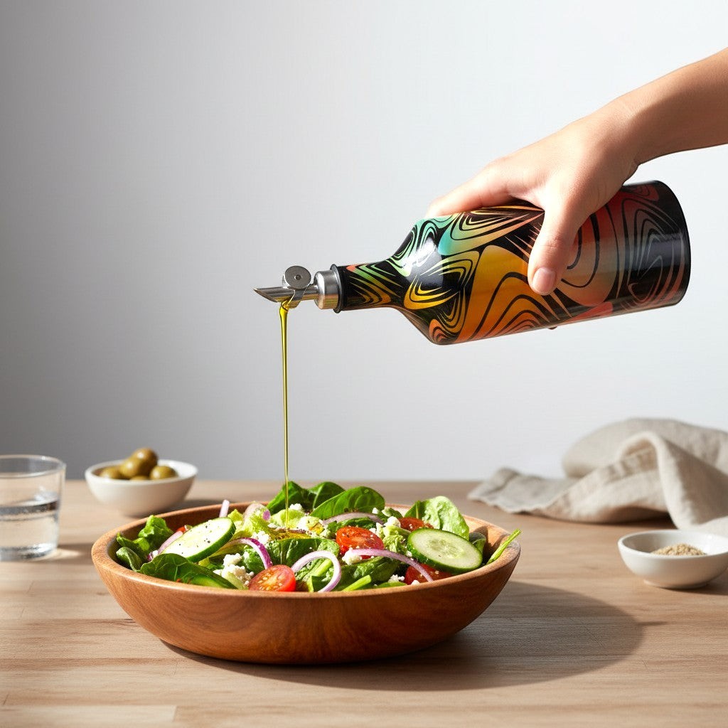 CeramicMeltdown.com Wave Olive Oil Bottle with a colorful abstract wave pattern, pouring oil onto a salad.
