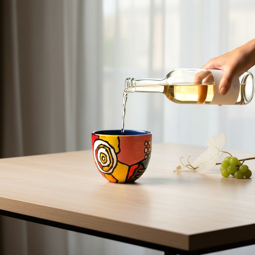 CeramicMeltdown.com abstract art wine cup, hand-painted with bold red, yellow, and blue geometric patterns.