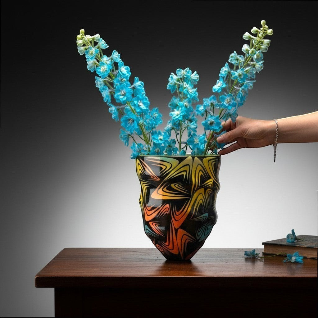 CeramicMeltdown.com vase with a vibrant wave pattern in black, yellow, orange, and blue. Features a textured, organic shape.