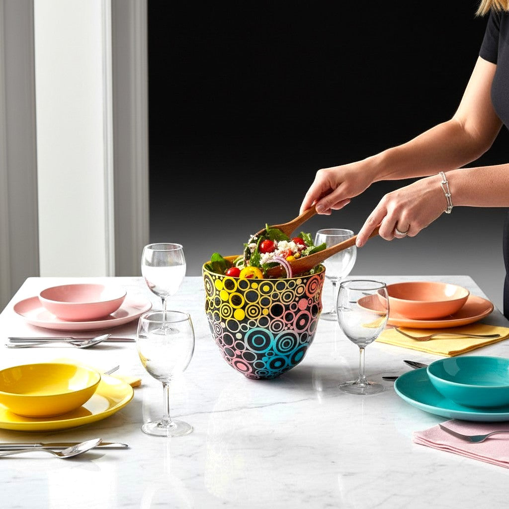 CeramicMeltdown.com serving bowl with a vibrant circle pattern in yellow, pink, blue, and black. Used for serving salad.