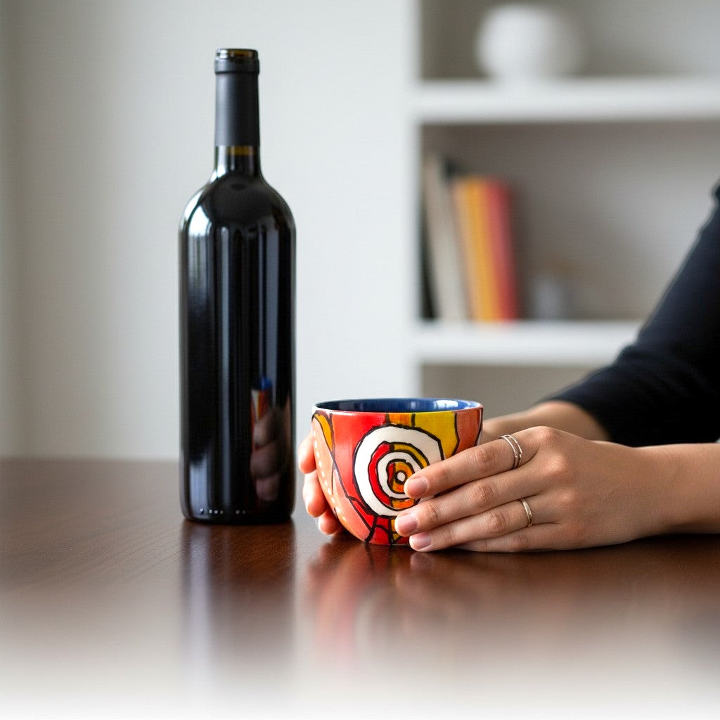 CeramicMeltdown.com wine cup with abstract red, yellow, and orange design and blue interior.
