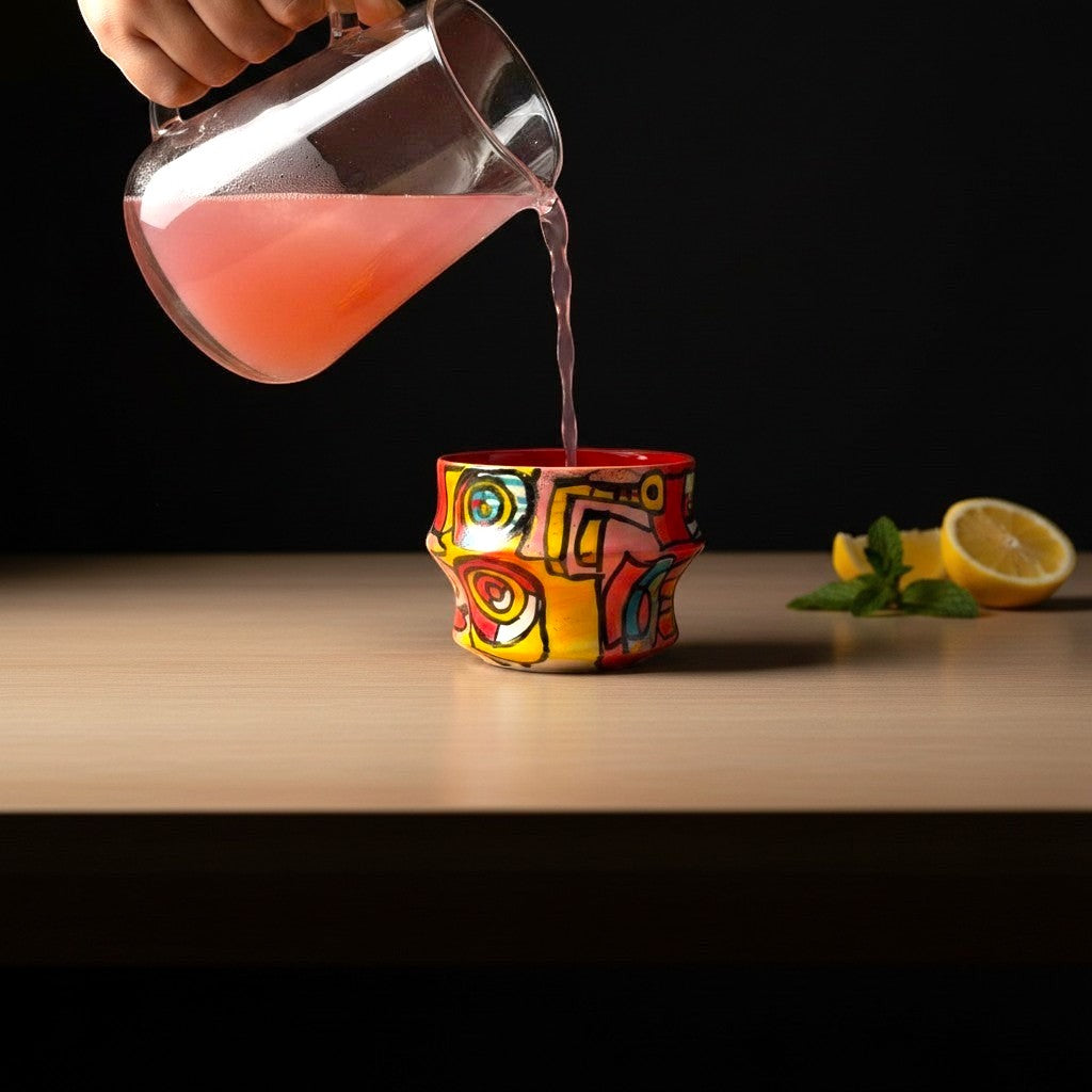 CeramicMeltdown.com Freedom Cup, a unique ceramic mug with abstract colorful art, red rim, and a distinctive shape.