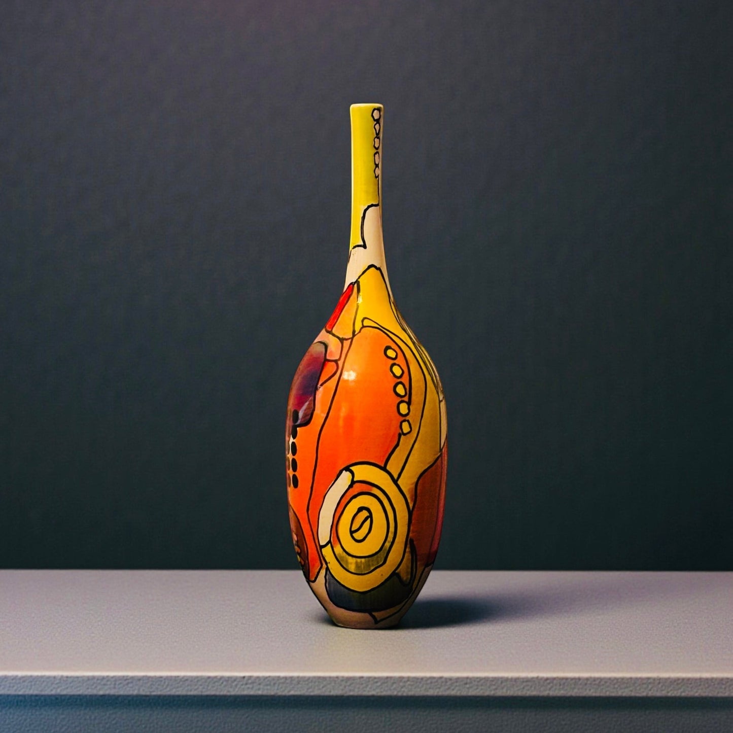 CeramicMeltdown.com Lensing vase with swirling red, orange, yellow, and turquoise abstract design. White ceramic stoneware.