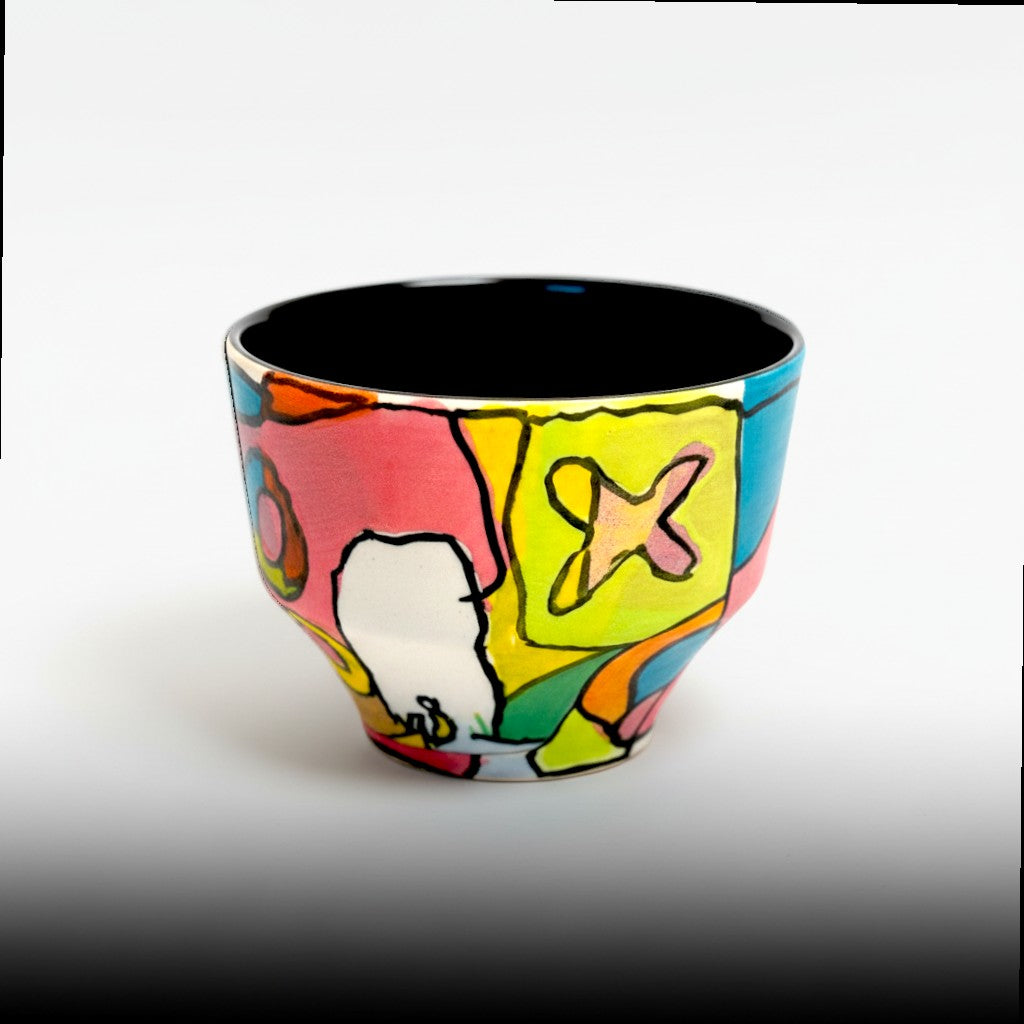 CeramicMeltdown.com abstract expressionist sherry sipper cup, hand-painted ceramic with bold pink, yellow, and blue abstract art.