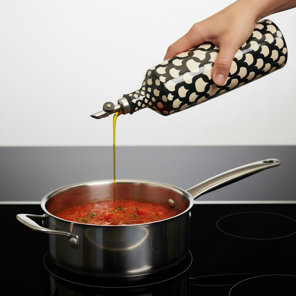 CeramicMeltdown.com black and cream patterned ceramic olive oil bottle with metal spout.