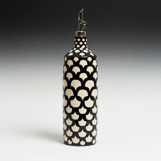 CeramicMeltdown.com black and cream patterned ceramic olive oil bottle with metal spout.