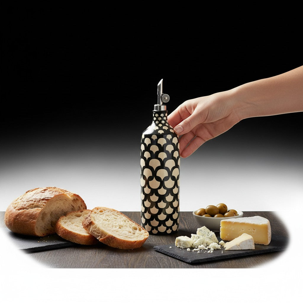 CeramicMeltdown.com black and cream patterned ceramic olive oil bottle with metal spout.