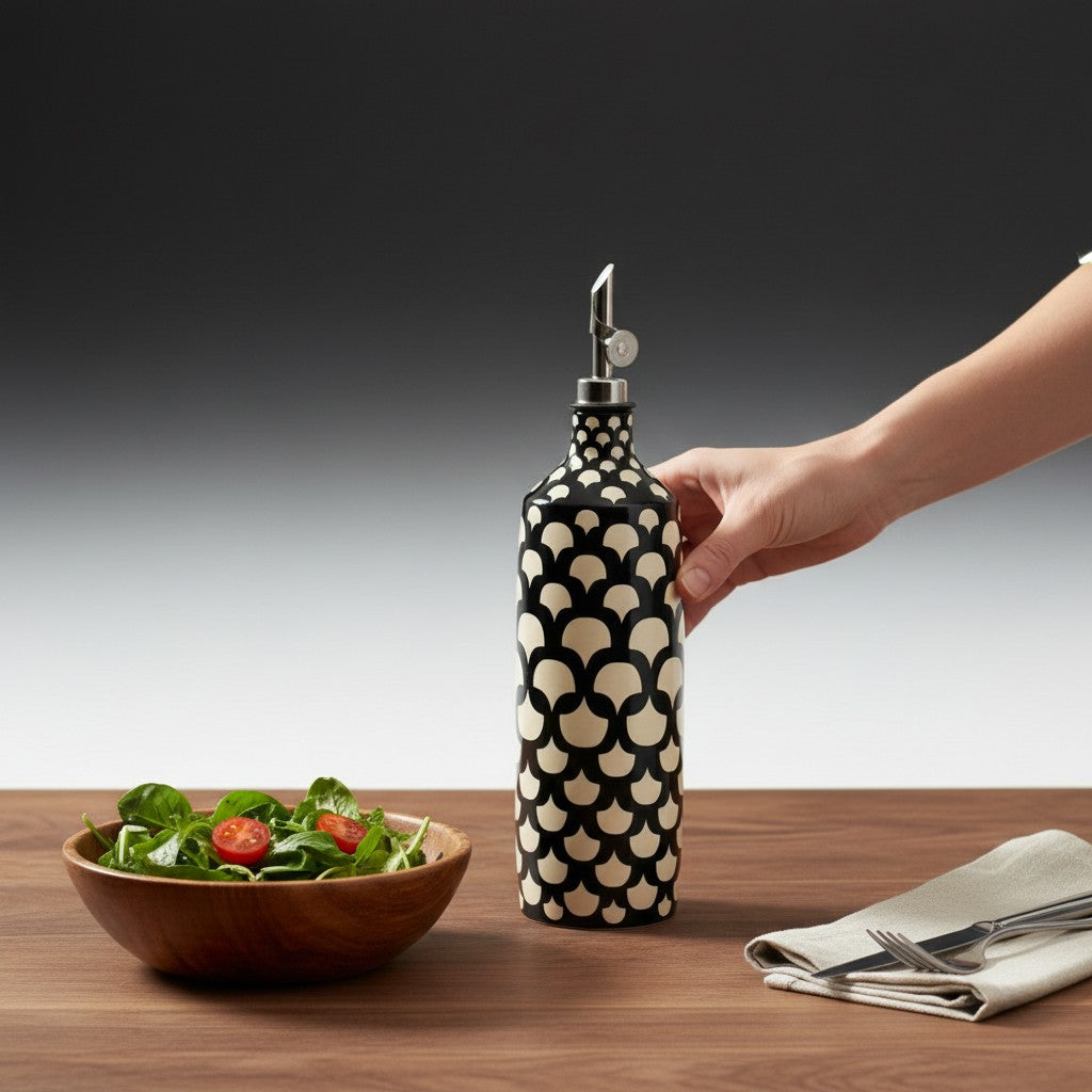 CeramicMeltdown.com black and cream patterned ceramic olive oil bottle with metal spout.