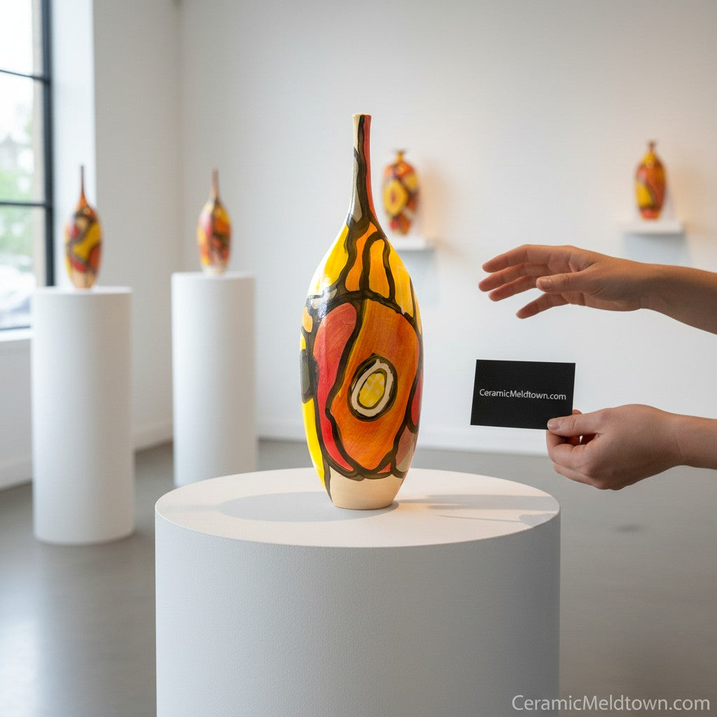 CeramicMeltdown.com Delta abstract art vase with bold red, orange, and yellow painted design.