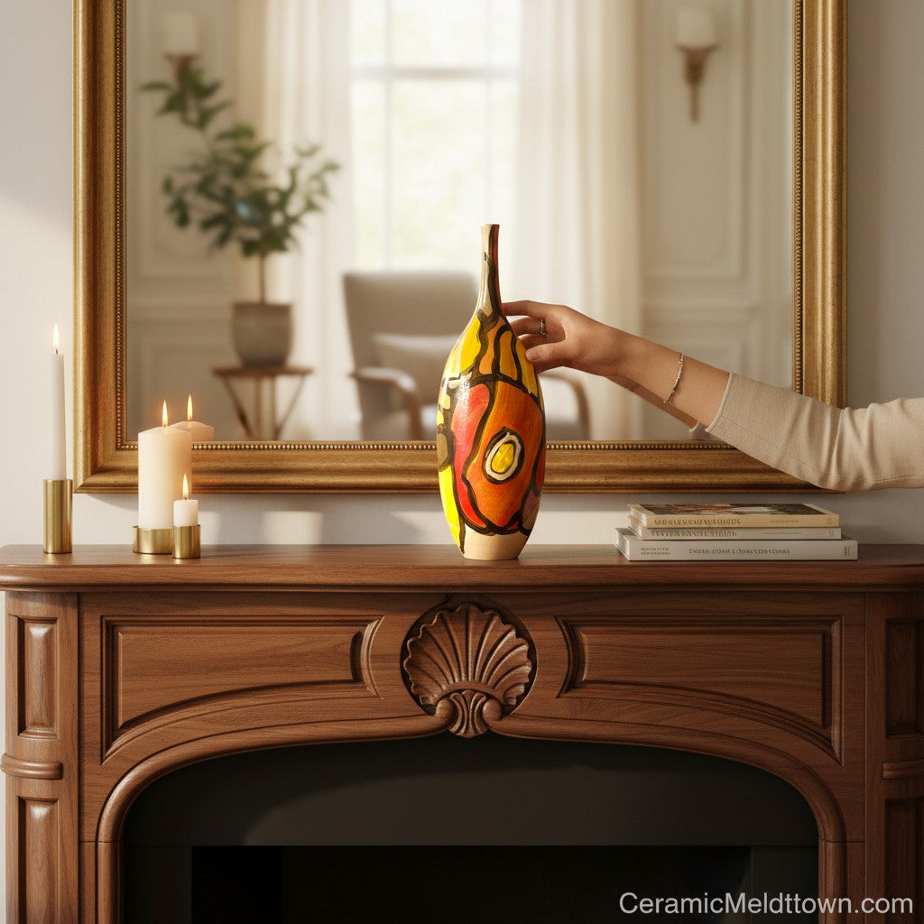 CeramicMeltdown.com Delta abstract art vase with bold red, orange, and yellow painted design.