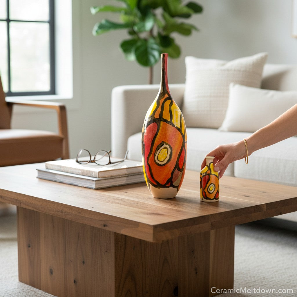 CeramicMeltdown.com Delta abstract art vase with bold red, orange, and yellow painted design.