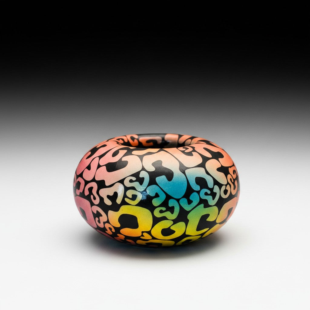 CeramicMeltdown.com Extraterrestrial Ball Vase with a rainbow gradient and black abstract pattern.