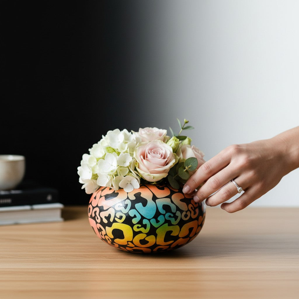 CeramicMeltdown.com Extraterrestrial Ball Vase with a rainbow gradient and black abstract pattern.