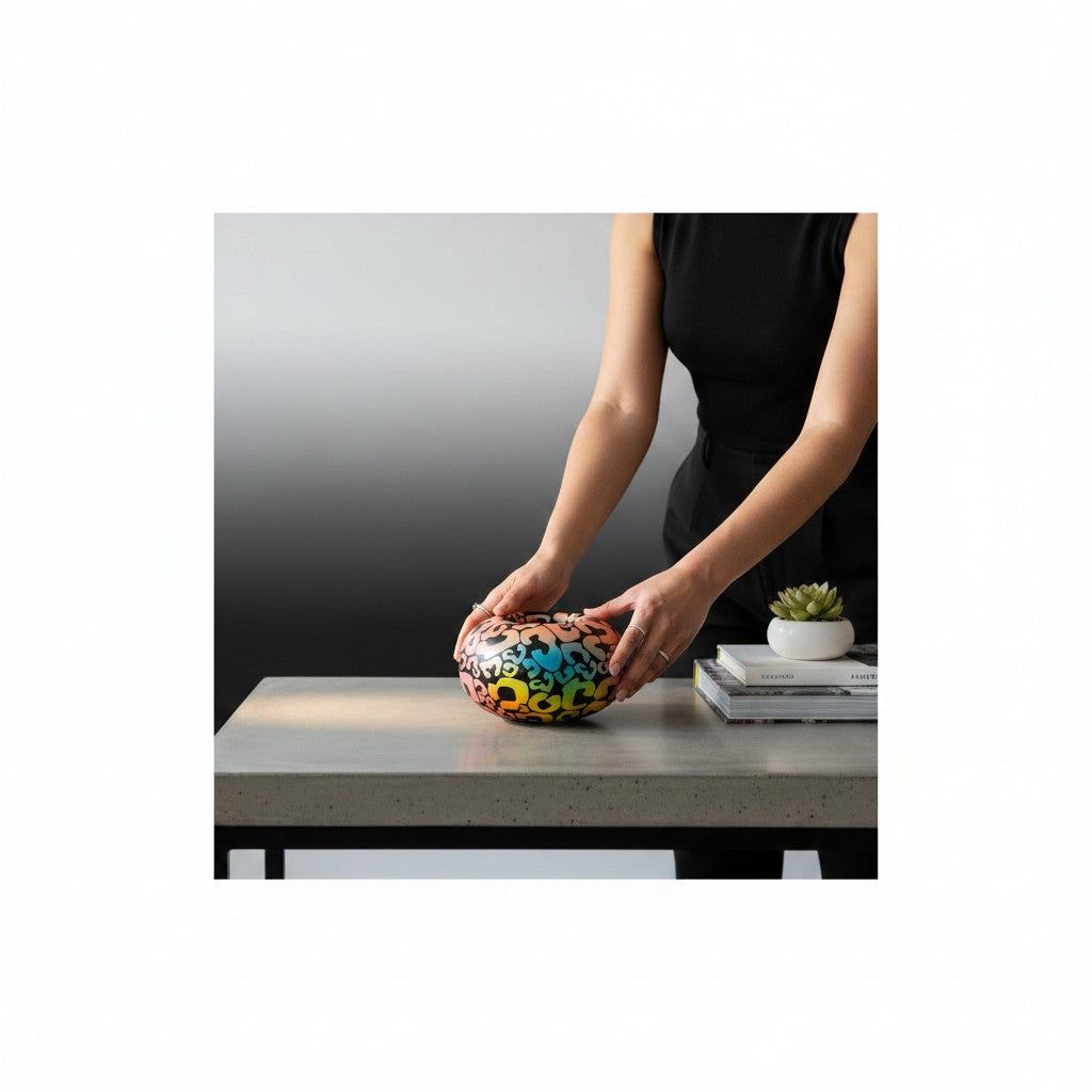 CeramicMeltdown.com Extraterrestrial Ball Vase with a rainbow gradient pattern over black ceramic.