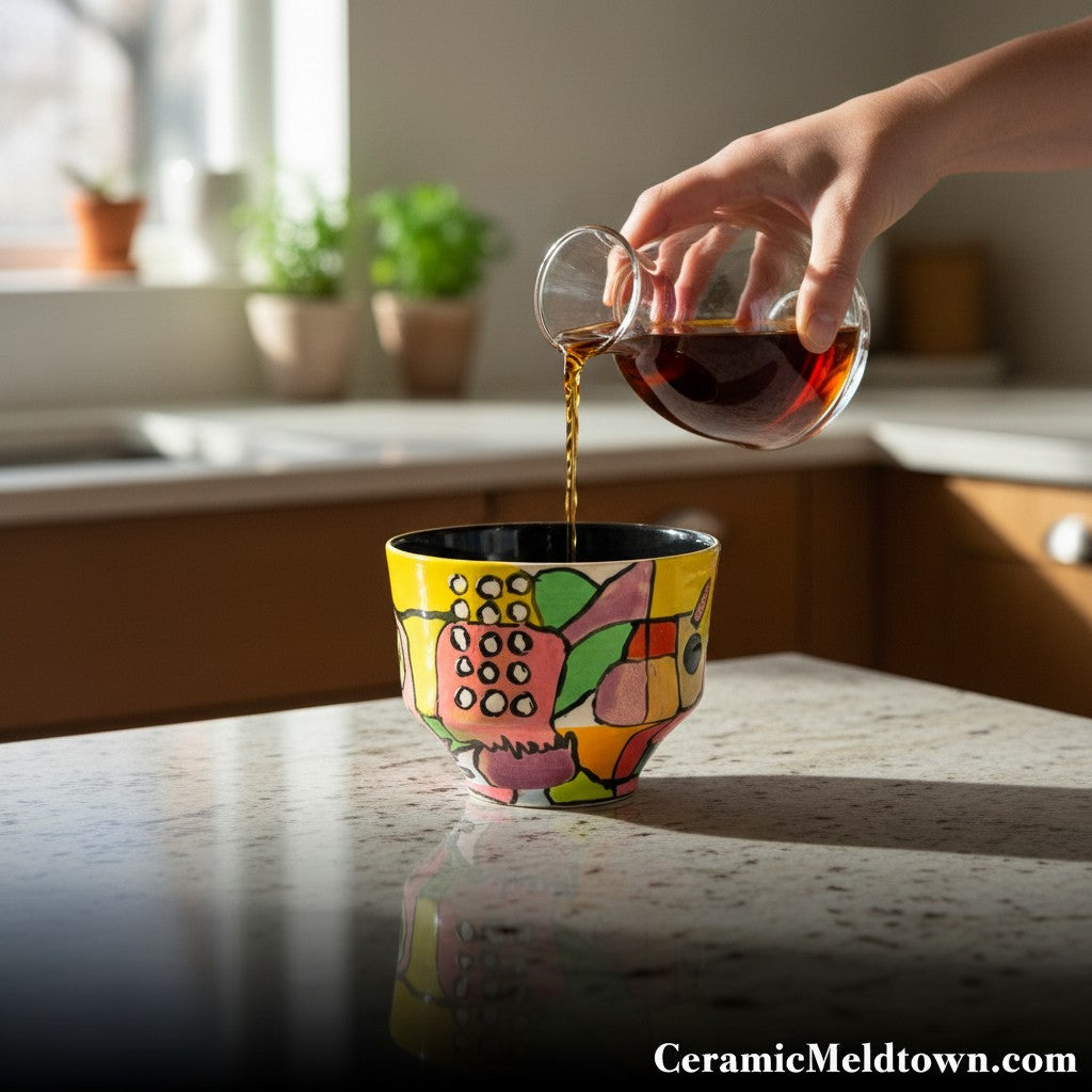 CeramicMeltdown.com hand-painted ceramic cup with abstract colourful design and black interior.