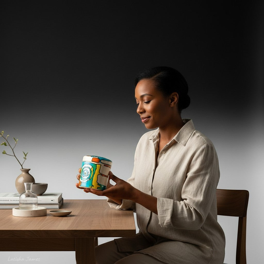 CeramicMeltdown.com hand-painted lidded jar with abstract blue, yellow, and orange design.