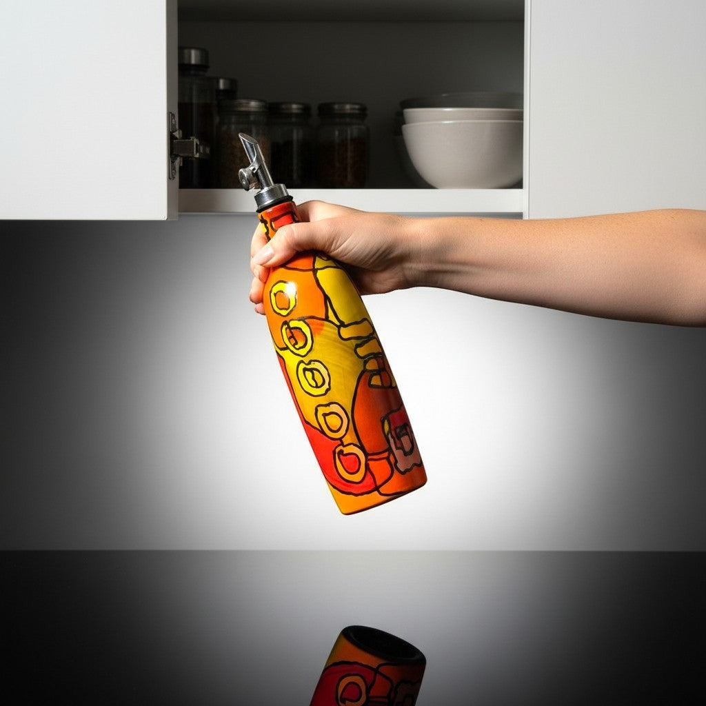 CeramicMeltdown.com abstract expressionist olive oil bottle in yellow, orange, and red with black accents. Features a metal pour spout.