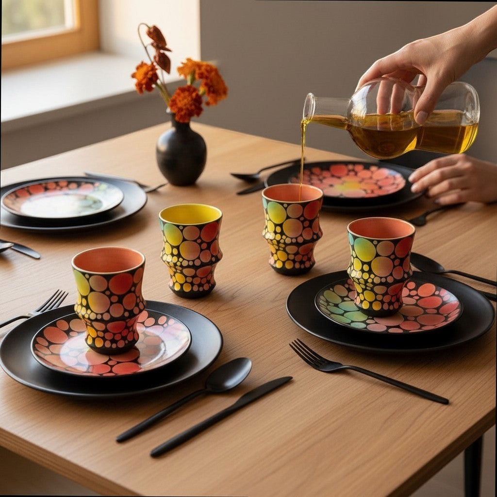 CeramicMeltdown.com gradient polka dot ceramic tumbler with bamboo-like texture, perfect for coffee or tea.