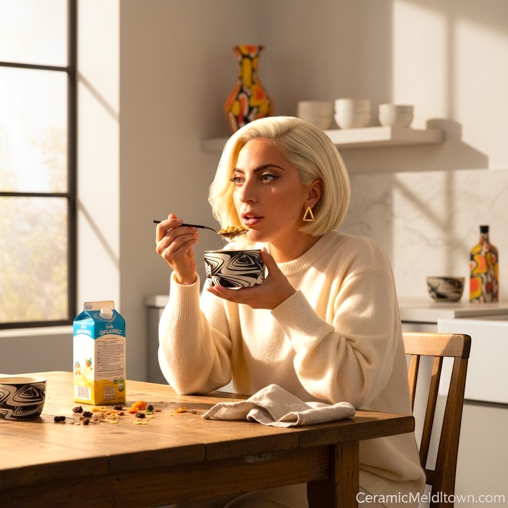 CeramicMeltdown.com black and white swirled ceramic bowl with a woman eating cereal.