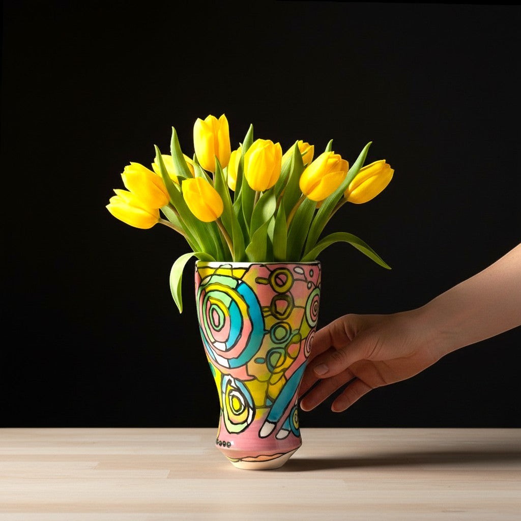 CeramicMeltdown.com Bill Vase with abstract colourful design and yellow tulips