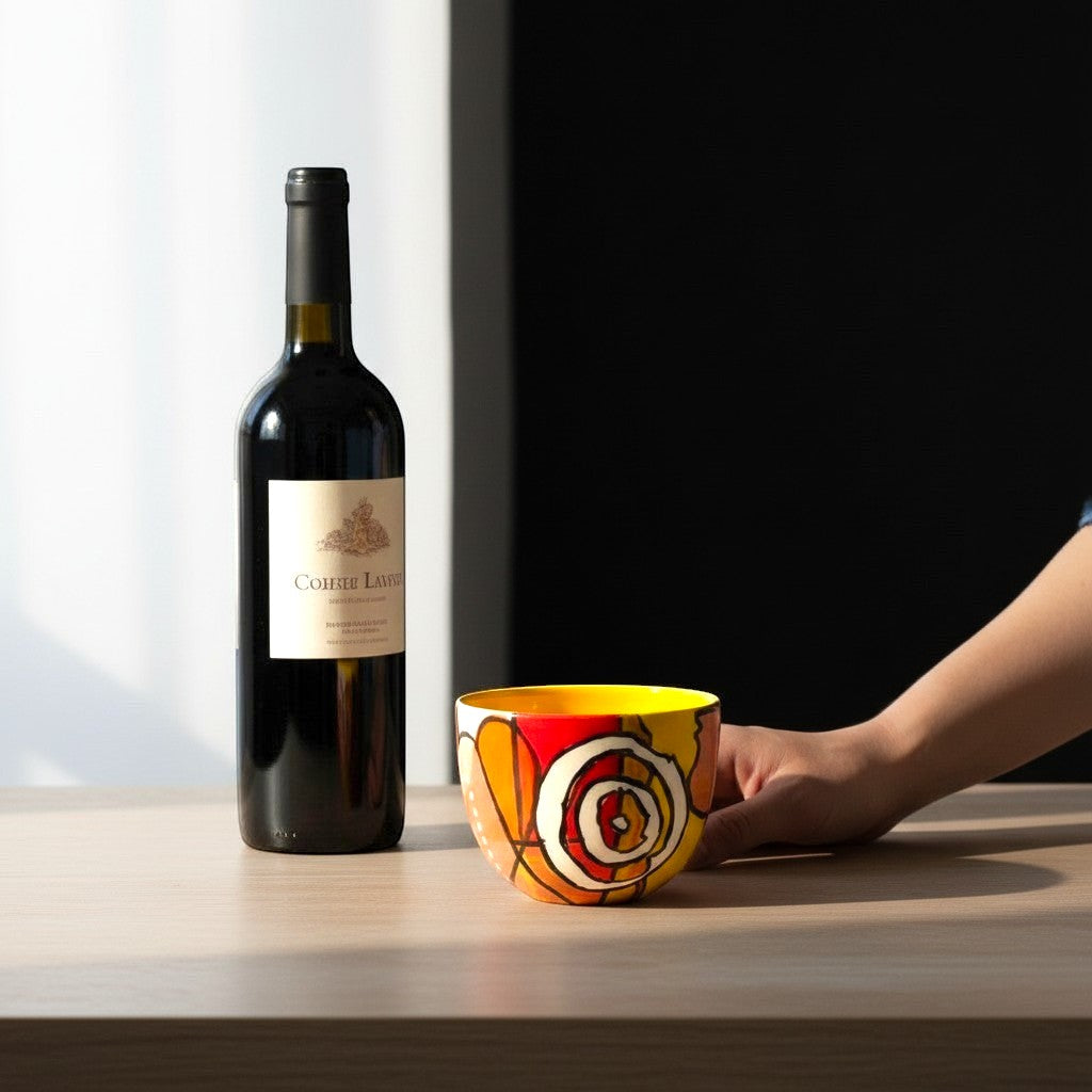 CeramicMeltdown.com abstract floral wine cup in yellow, red, and orange with a hand reaching for it next to a bottle of red wine.