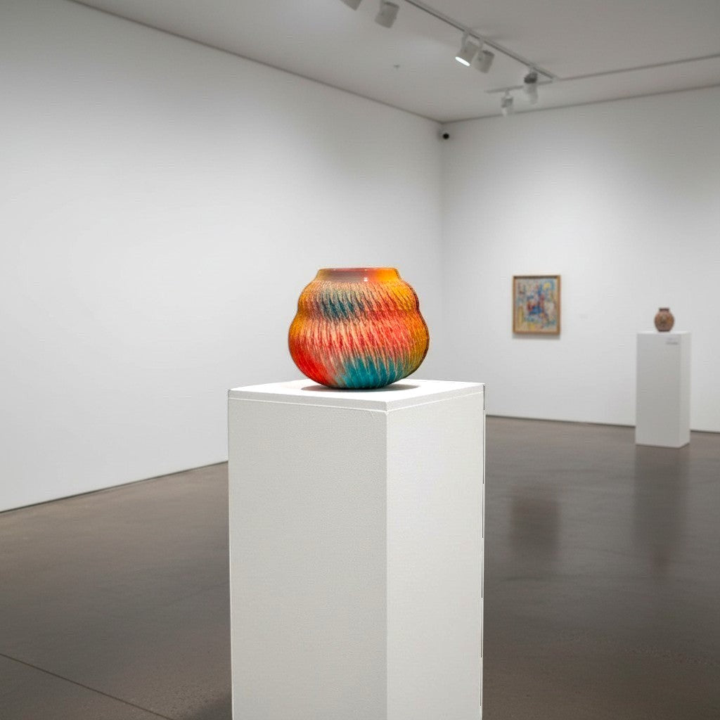 CeramicMeltdown.com textured ceramic vessel with abstract swirl pattern in orange, red, teal, and yellow.
