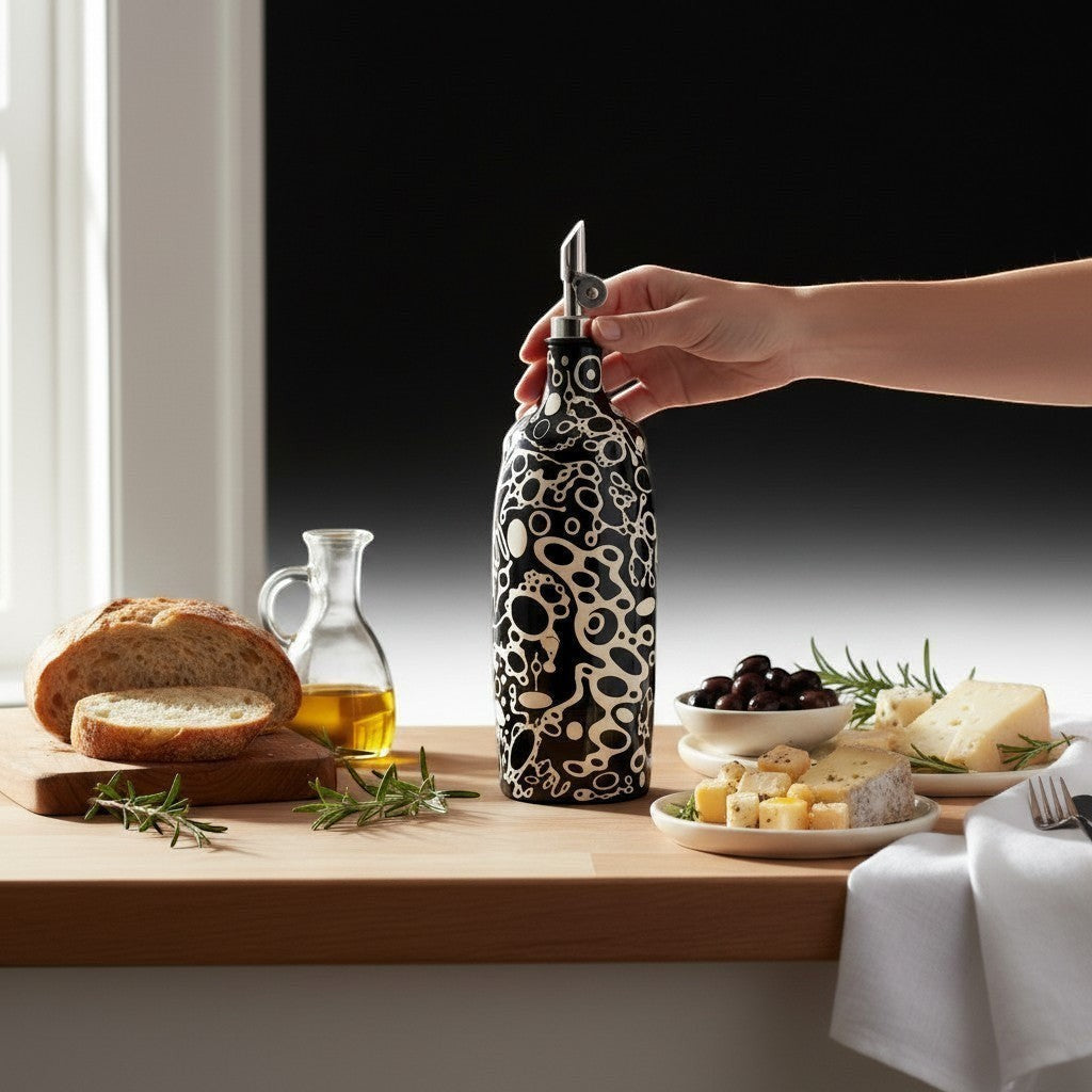 CeramicMeltdown.com black and white amoeba patterned ceramic olive oil bottle with pouring spout.