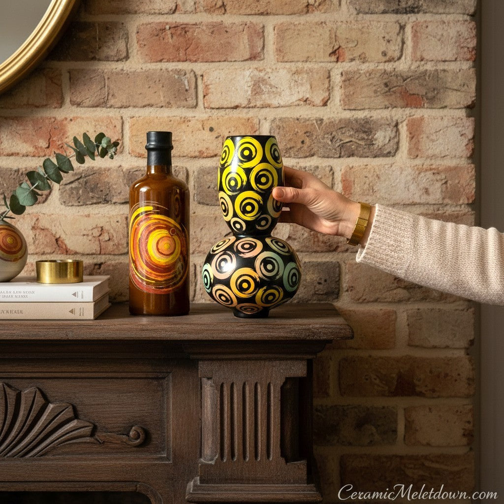 CeramicMeltdown.com Swirl Bubble Ceramic Vessel with yellow and black top, and black, teal, and yellow bottom. A hand is adjusting the top.