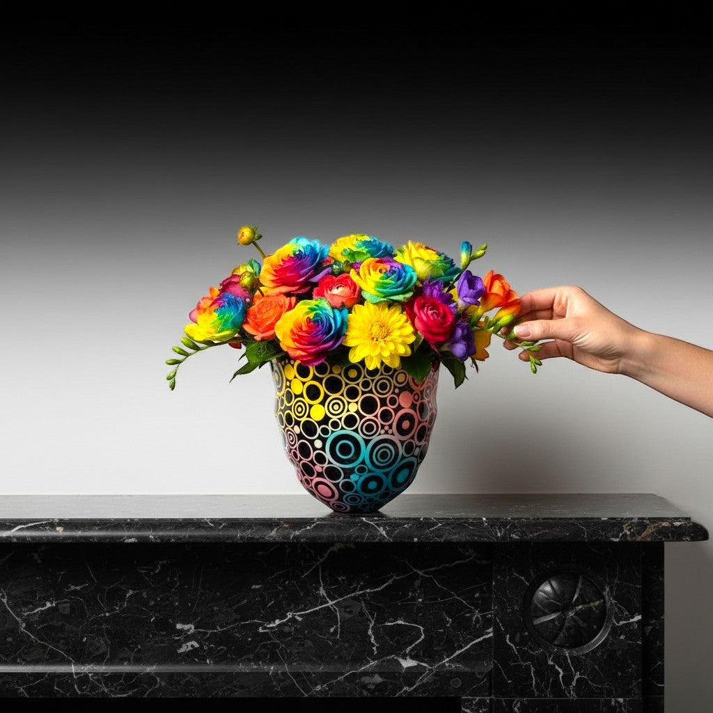CeramicMeltdown.com vase with rainbow roses and yellow daisies, featuring a black circle pattern with rainbow accents.
