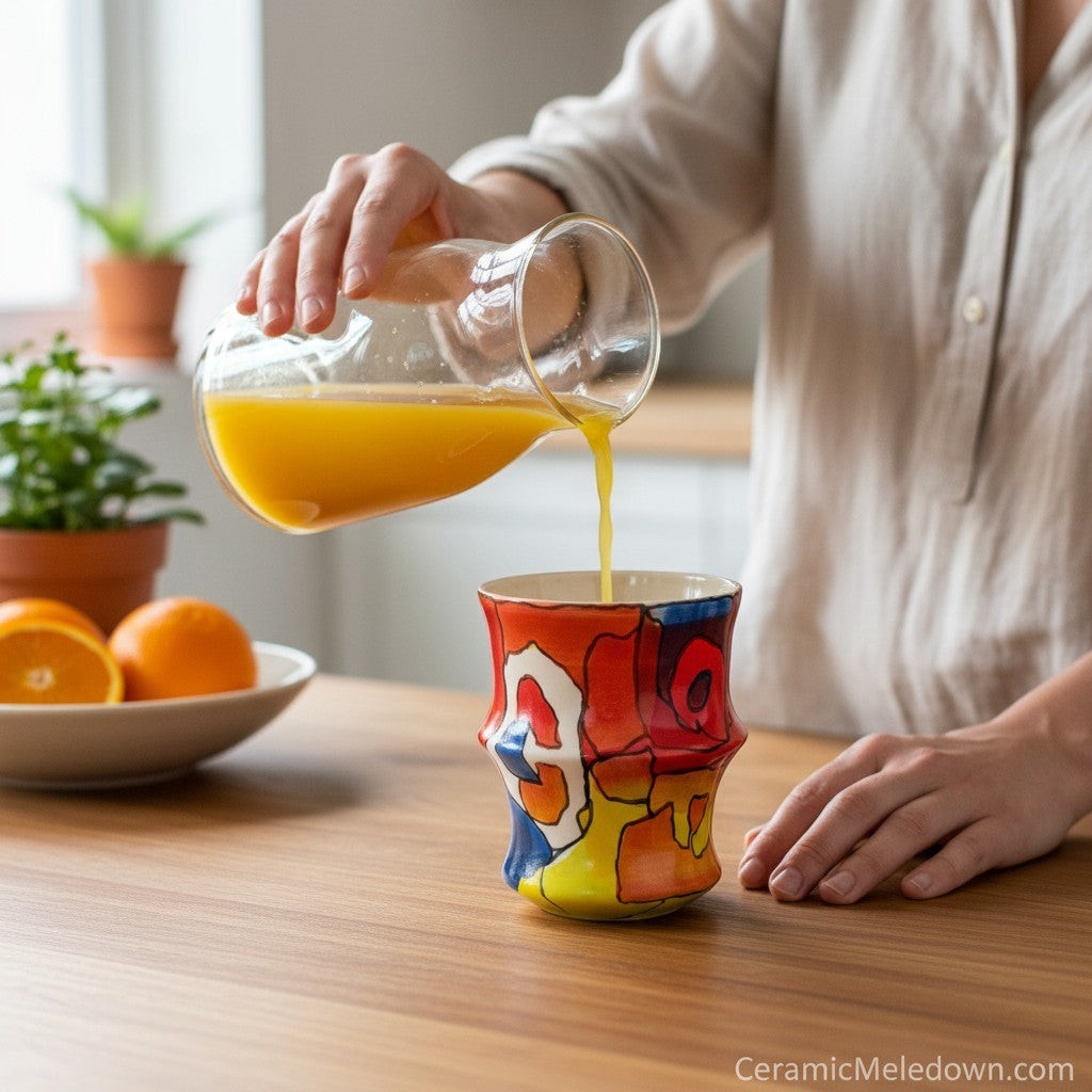 CeramicMeltdown.com hand-painted ceramic tumbler with a vibrant abstract design in red, yellow, blue, and white.