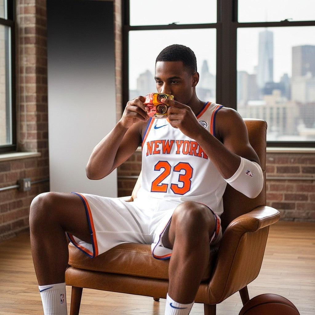 CeramicMeltdown.com Freedom Cup, a colorful, artistic ceramic mug with a unique, abstract design, held by a man in a New York Knicks jersey.