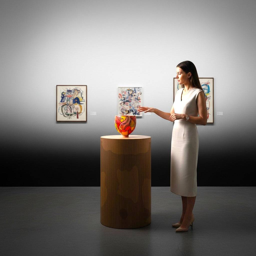 CeramicMeltdown.com abstract expressionist pedestal bowl in vibrant red, yellow, and orange with black accents. A woman in a cream dress gestures towards it in an art gallery.