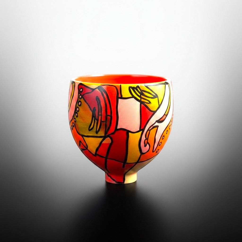 CeramicMeltdown.com abstract expressionist pedestal bowl in red, yellow, and pink with black outlines. Unique art piece.