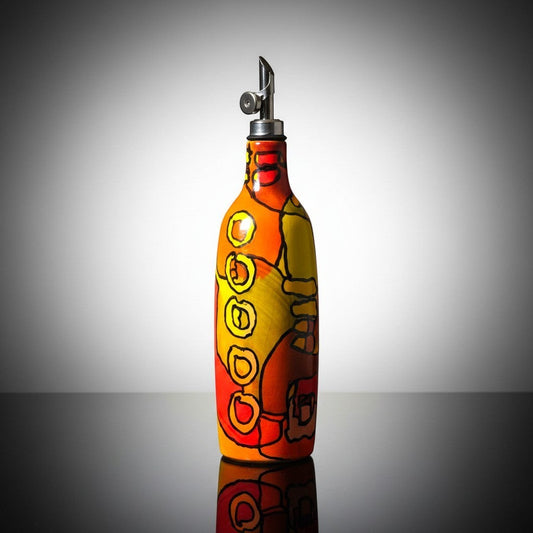 CeramicMeltdown.com abstract expressionist olive oil bottle in red, orange, and yellow with black outlines and a silver pour spout.