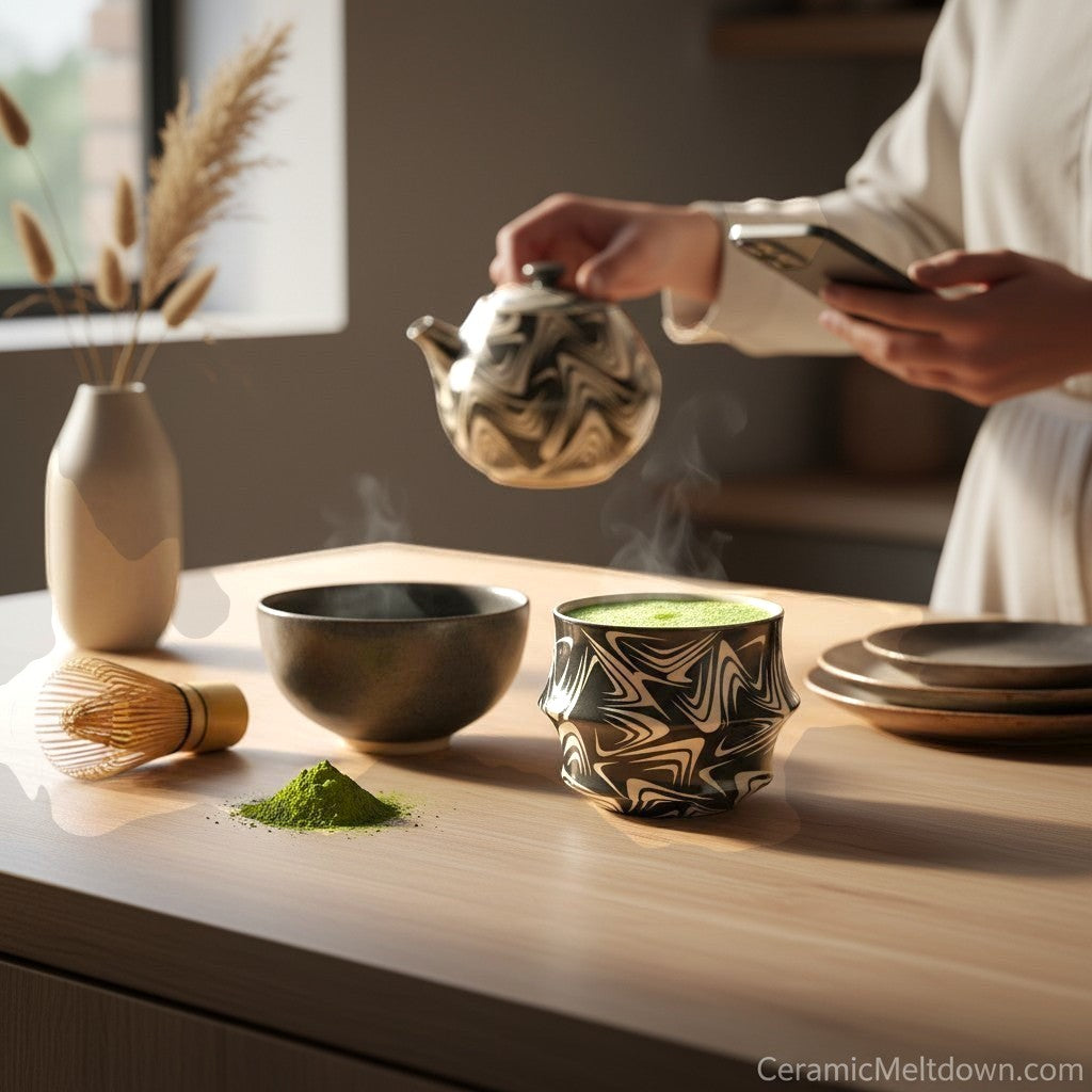 CeramicMeltdown.com abstract swirl ceramic tumbler in black and white, perfect for matcha or coffee.